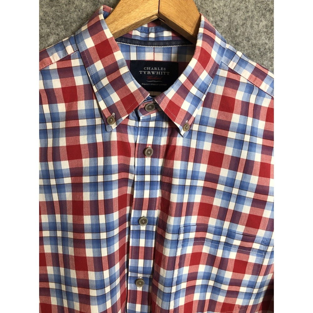 Charles Tyrwhitt Shirt Medium Red Blue Check Weekend Slim‎ Fit Business Classic